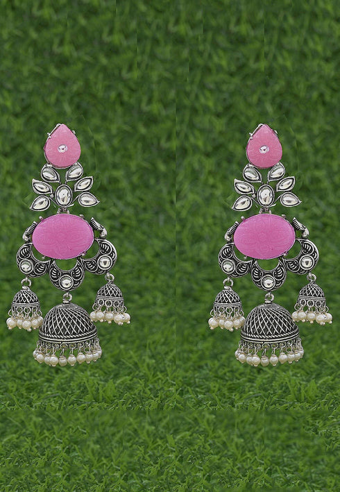 Oxidised Pink and white Stone Studded Jhumka Style Earrings 20g